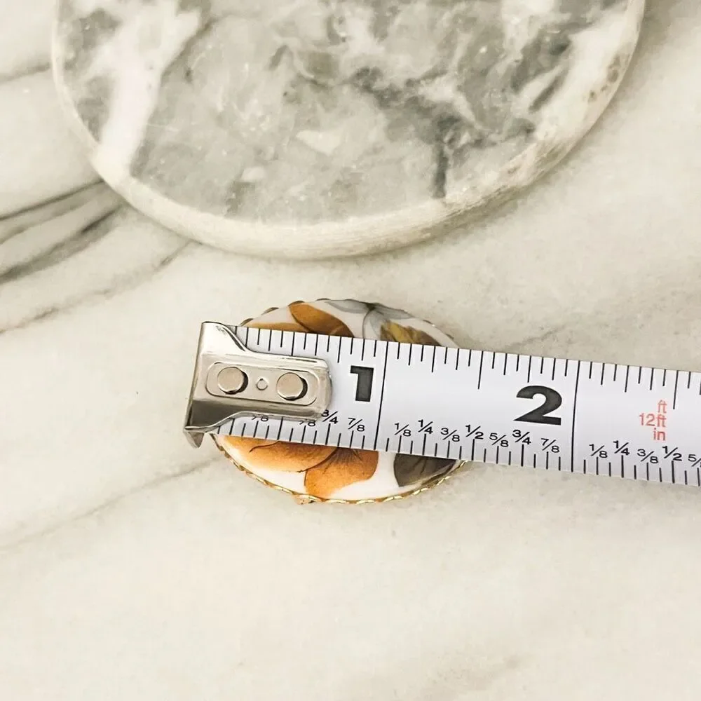 Vintage Rose Brooch Pin Transfer Design Brown Gold Toned Metal Cabochon‎ Regency